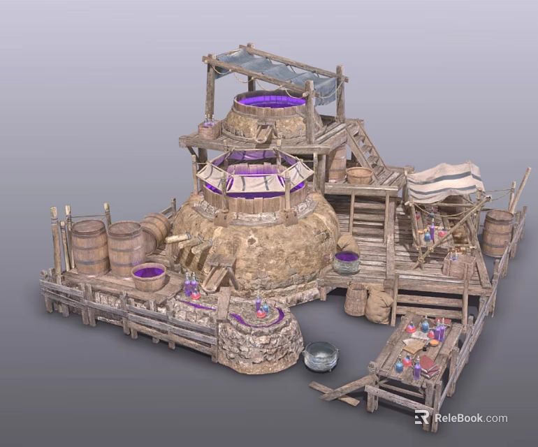 Ancient Stone Workshop Building With Multi level Wooden Platforms Stairs Barrels And Cloth Canopies 3d model 