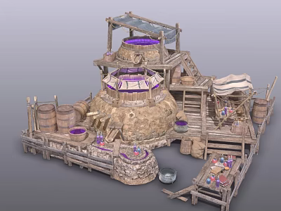 Ancient Stone Workshop Building With Multi level Wooden Platforms Stairs Barrels And Cloth Canopies 3d model