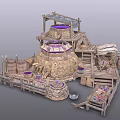 Ancient Stone Workshop Building With Multi level Wooden Platforms Stairs Barrels And Cloth Canopies