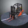 Orange Forklift With Black Cab And Red Forks On Circular Gray Ground