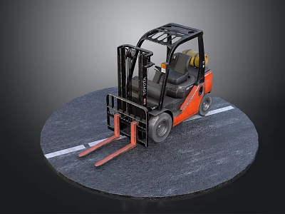 Orange Forklift With Black Cab And Red Forks On Circular Gray Ground 3d model