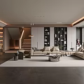 Modern Living and Dining Area With Beige Sofa Coffee Table Dining Chairs Bookshelves Recessed Lighting