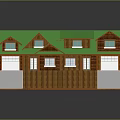 Cartoon Scene Two Story Wooden House Featuring Green Roof Balconies White Tables and Chairs
