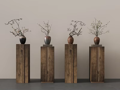 Four Decorative Wooden Pedestals With Vases Holding Branches And White Flowers 3d model