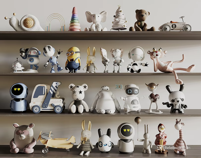 Assorted Cute Dolls Collection With Bear Robot Rabbit Deer On Decorative Shelves 3d model