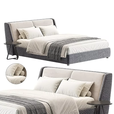 Modern Double Bed With Gray Upholstered Headboard White Pillows Striped Blanket And Side Table 3d model