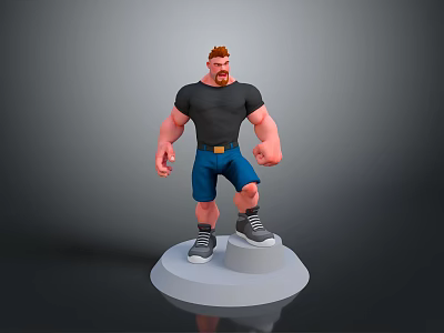 Red Haired Muscular Male Character 3D Model Wearing Black T-Shirt Blue Shorts Gray Sneakers 3d model