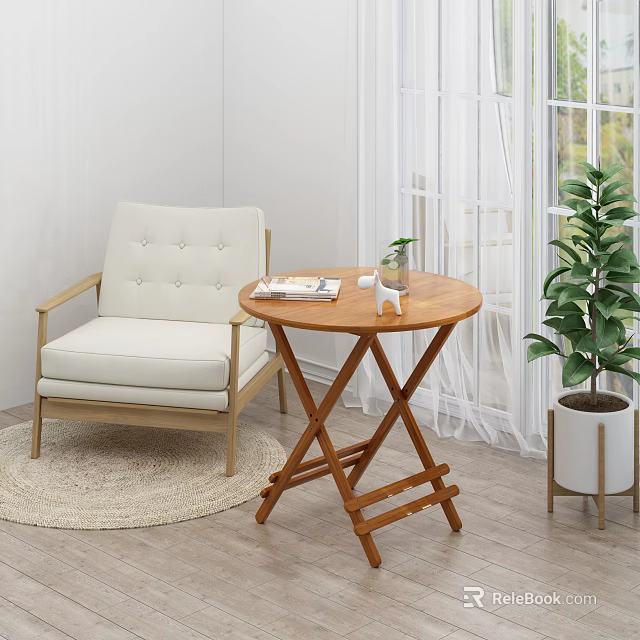 Beige Single Sofa With Button Tufted Design Wooden Frame Round Folding Table And Green Plant 3d model