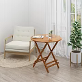 Beige Single Sofa With Button Tufted Design Wooden Frame Round Folding Table And Green Plant 3d model