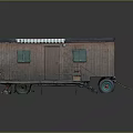 Wooden Trailer With Gray Roof Green Windows Platform Steps Tires And Crate