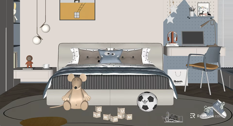 Cozy Double Bed in Kids Bedroom with Stuffed Mouse Building Blocks and Soccer Ball 3d model 