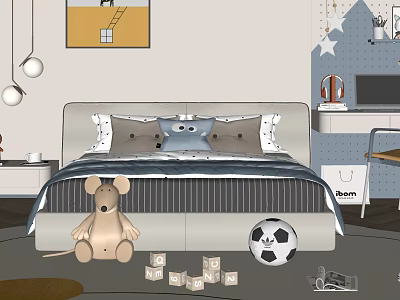 Cozy Double Bed in Kids Bedroom with Stuffed Mouse Building Blocks and Soccer Ball 3d model