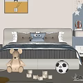 Cozy Double Bed in Kids Bedroom with Stuffed Mouse Building Blocks and Soccer Ball