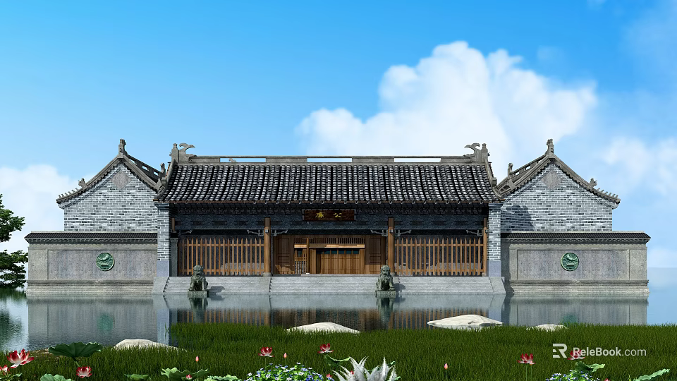 Ancient Chinese Architectural Building With Traditional Roof Wooden Doors And Pond Lotus Flowers 3d model 