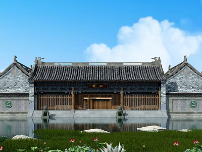 Ancient Chinese Architectural Building With Traditional Roof Wooden Doors And Pond Lotus Flowers 3d model