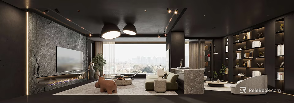 Modern Living And Dining Room Interior With Sofa Large Windows City View And Marble Counter 3d model 