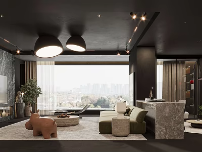 Modern Living And Dining Room Interior With Sofa Large Windows City View And Marble Counter 3d model