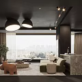 Modern Living And Dining Room Interior With Sofa Large Windows City View And Marble Counter