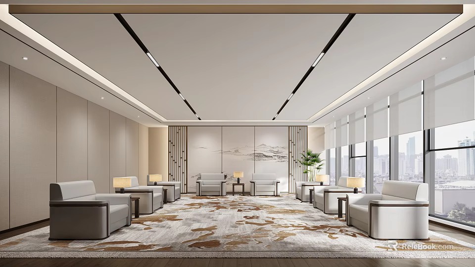 Modern Hotel Public Lounge Area With Comfortable Sofas And Large Decorative Rug 3d model 