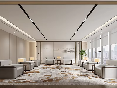 Modern Hotel Public Lounge Area With Comfortable Sofas And Large Decorative Rug 3d model