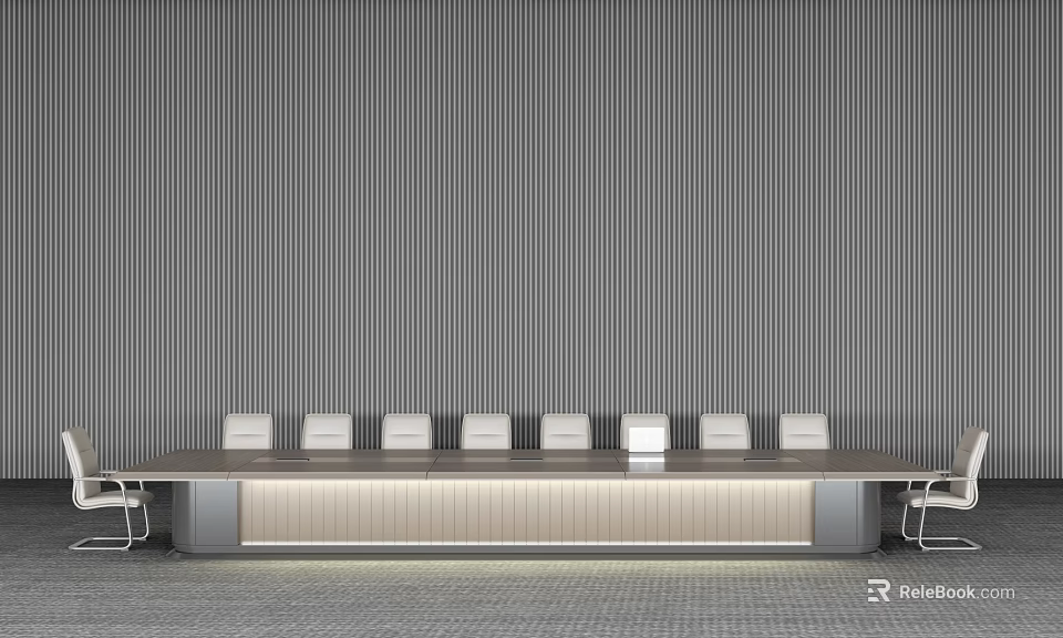 Modern Conference Room With Long Table Gray Striped Wall And White Chairs 3d model 
