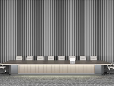 Modern Conference Room With Long Table Gray Striped Wall And White Chairs 3d model