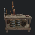 Wooden Workbench With Red Tool Metal Clamp Cutting Board Underneath Barrels And Pan