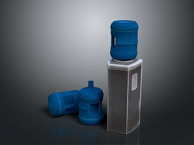 Modern Silver Water Dispenser with Blue Water Bottles and Lying Jugs 3d model