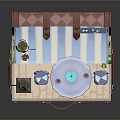 Miniature Café Scene On Trunk Base With Striped Awning Table Chairs Street Lamp And Plants