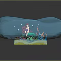 Colorful Feathered Headdress Character and Small Creatures Inside Transparent Blue Crystal on Yellow Base