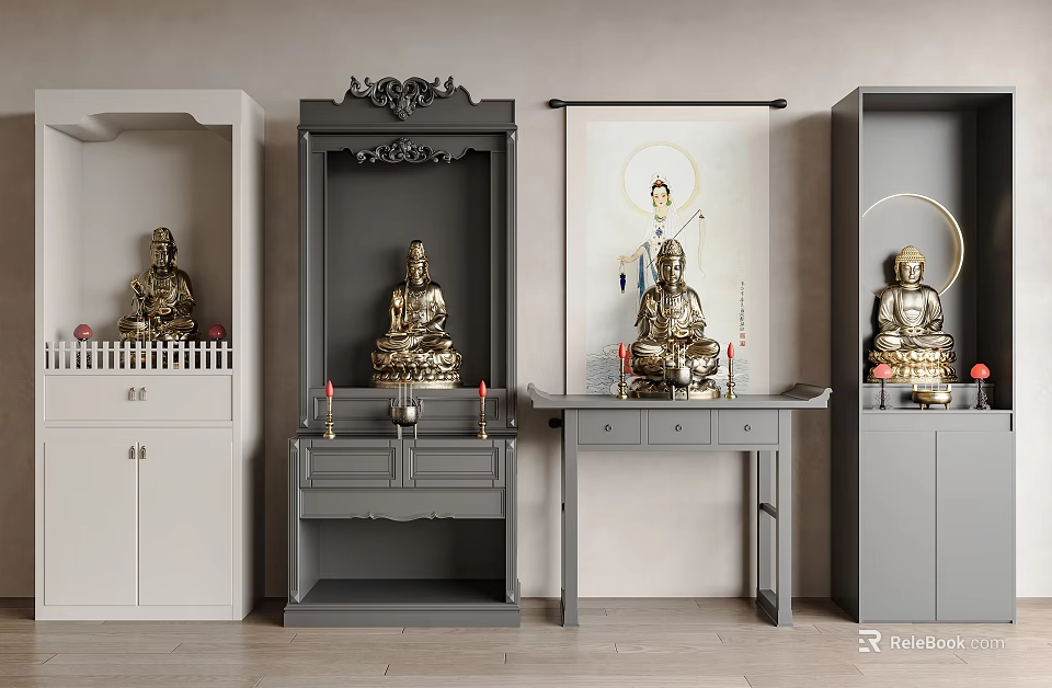 Modern Buddhist Shrine Cabinet Design With Golden Buddha Statues And Decorative Elements 3d model 