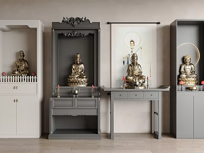 Modern Buddhist Shrine Cabinet Design With Golden Buddha Statues And Decorative Elements 3d model