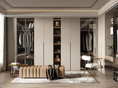 Modern Walk in Closet Interior With Hanging Garments Storage Cabinets Bench And Mirrors 3d model