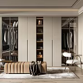Modern Walk in Closet Interior With Hanging Garments Storage Cabinets Bench And Mirrors