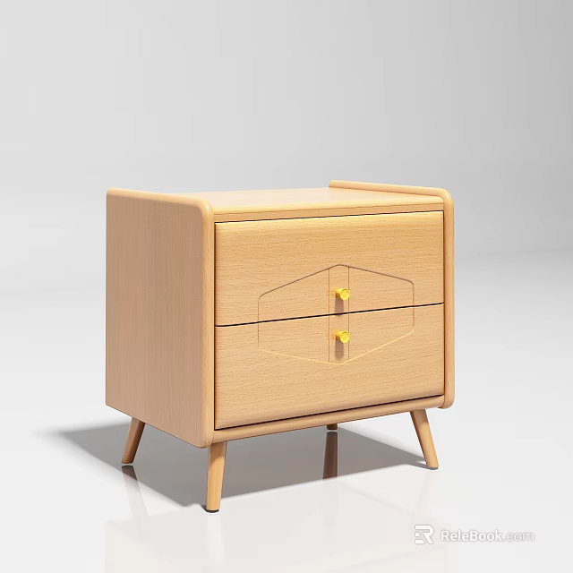 Modern Wooden Bedside Table With Two Drawers Golden Knobs And Tapering Legs 3d model