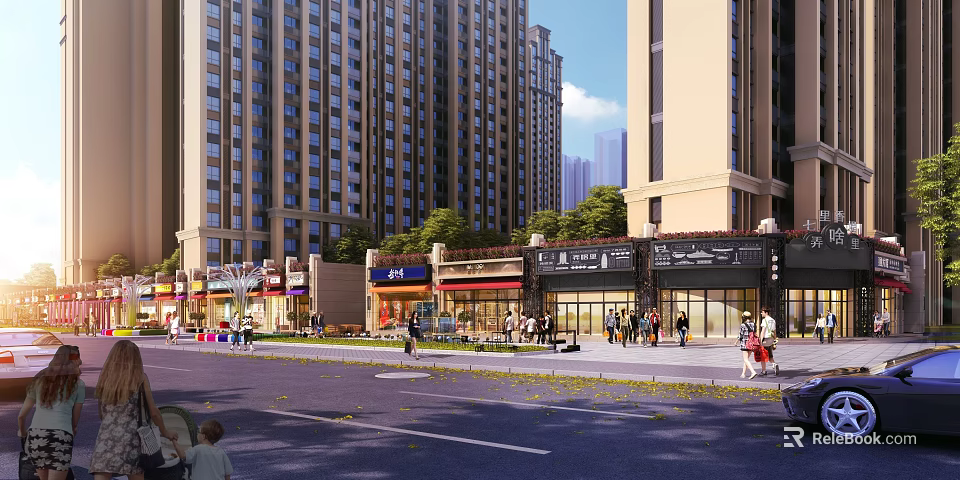 Vibrant Commercial Street With Modern Tall Residential Buildings Various Shops And Pedestrians 3d model 
