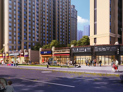 Vibrant Commercial Street With Modern Tall Residential Buildings Various Shops And Pedestrians 3d model