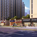 Vibrant Commercial Street With Modern Tall Residential Buildings Various Shops And Pedestrians