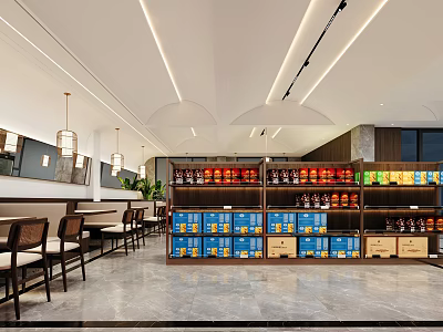 Hotel Lobby Interior With Modern Lighting Shelves Of Beverages Wines And Tables Chairs 3d model