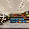 Hotel Lobby Interior With Modern Lighting Shelves Of Beverages Wines And Tables Chairs