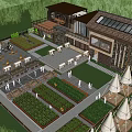 Rural Landscape With Farmhouse Building Vegetable Gardens Outdoor Dining Areas And Green Lawns