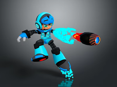 Blue Helmeted Game Movie Character In Dynamic Action Pose With Glowing Weapon 3d model