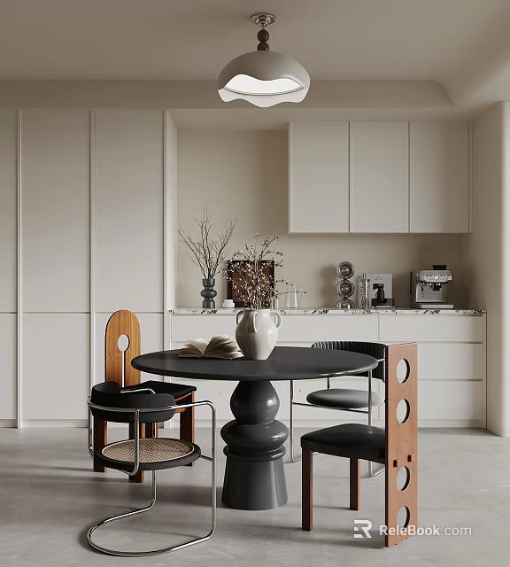 Modern Space With Round Black Table Chairs White Cabinets Coffee Machine Vase And Ceiling Lamp 3d model