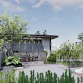 Modern Courtyard Garden Terrace Design With White Umbrella Sofa Coffee Table And Green Plants