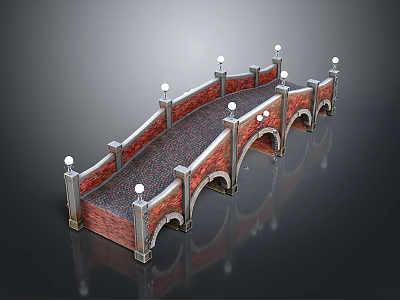 Classic Brick Bridge Design With White Lamp Posts Arched Openings And Railings 3d model