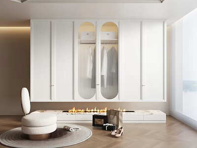 Modern White Wardrobe With Double Arched Glass Doors And Storage Drawers On Wooden Floor 3d model