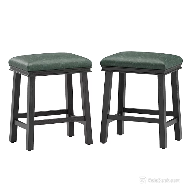 Modern Set of Two Upholstered Green Seat Bar Stools With Sturdy Dark Wooden Legs 3d model 