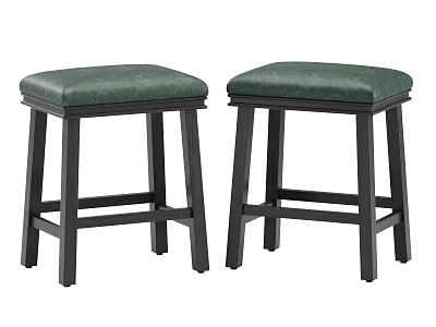 Modern Set of Two Upholstered Green Seat Bar Stools With Sturdy Dark Wooden Legs 3d model