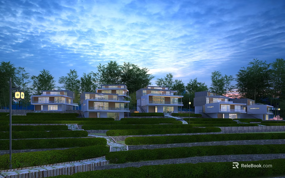 Modern Multi Storey Hotel Building With Terraced Greenery And Warm Lighting At Twilight 3d model 