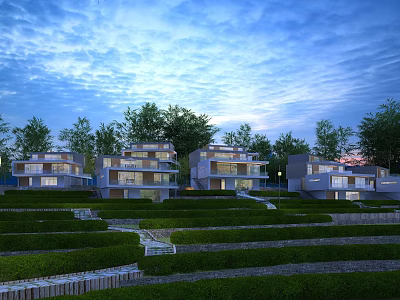 Modern Multi Storey Hotel Building With Terraced Greenery And Warm Lighting At Twilight 3d model